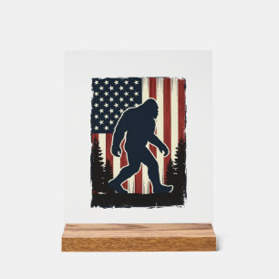 Vintage Bigfoot American Flag Forest Vector Design Acrylic Sign