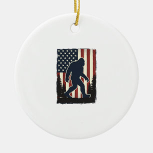 Vintage Bigfoot American Flag Forest Vector Design Ceramic Ornament