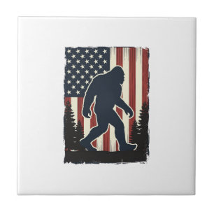 Vintage Bigfoot American Flag Forest Vector Design Ceramic Tile