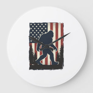 Vintage Bigfoot American Flag Forest Vector Design Large Clock