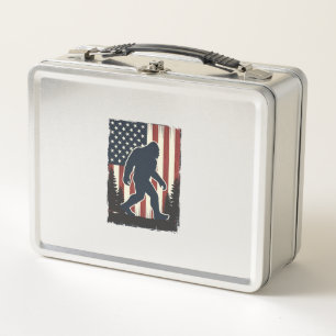 Vintage Bigfoot American Flag Forest Vector Design Metal Lunch Box