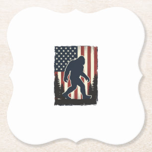 Vintage Bigfoot American Flag Forest Vector Design Paper Coaster