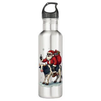 Vintage Bigfoot Santa Riding Cow Christmas Funny F 710 Ml Water Bottle