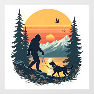Vintage Bigfoot Walking Dog Mountain Sunset Retro 