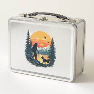 Vintage Bigfoot Walking Dog Mountain Sunset Retro  Metal Lunch Box