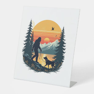 Vintage Bigfoot Walking Dog Mountain Sunset Retro  Pedestal Sign