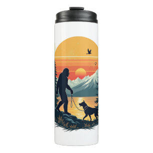 Vintage Bigfoot Walking Dog Mountain Sunset Retro Thermal Tumbler