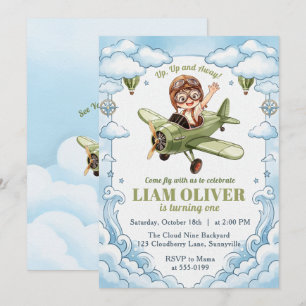 Vintage Biplane Aeroplane Boy 1st Birthday Up Away Invitation