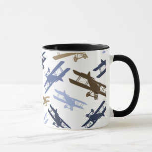 Vintage Biplane Aeroplane Pattern Blue Brown Mug