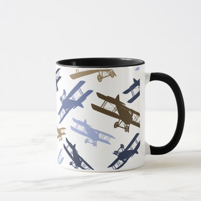 Vintage Biplane Aeroplane Pattern Blue Brown Mug (Right)