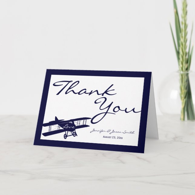 Vintage Biplane Aviator Blue Wedding Thank You (Front)