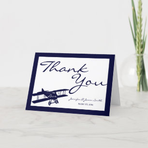Vintage Biplane Aviator Blue Wedding Thank You Card