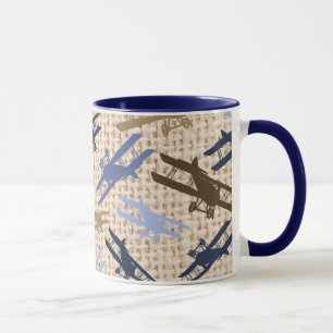 Vintage Biplane Burlap Print Aeroplane Pattern Mug