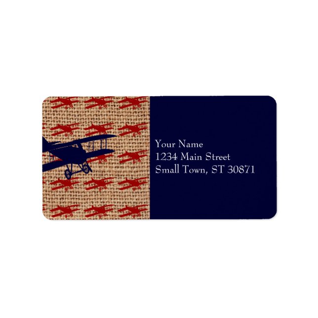 Vintage Biplane Propeller Aeroplane on Burlap Prin Label (Front)