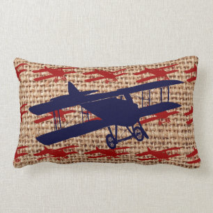 Vintage Biplane Propeller Aeroplane on Burlap Prin Lumbar Cushion