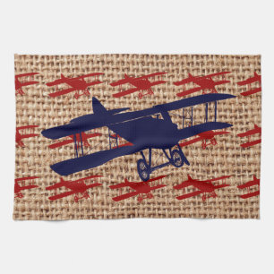 Vintage Biplane Propeller Aeroplane on Burlap Prin Tea Towel