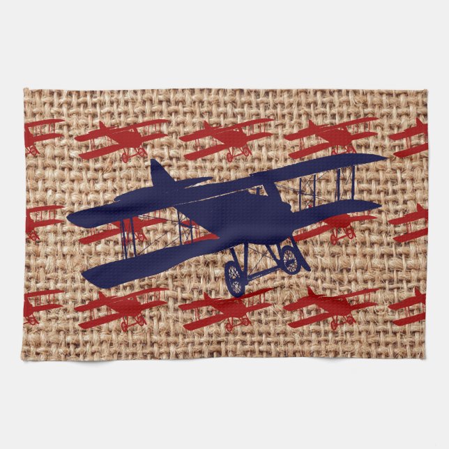 Vintage Biplane Propeller Aeroplane on Burlap Prin Tea Towel (Horizontal)