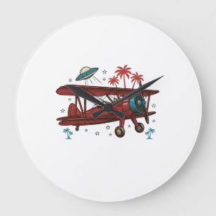 Vintage Biplane UFO Tropical Travel Shirt Design_1 Large Clock