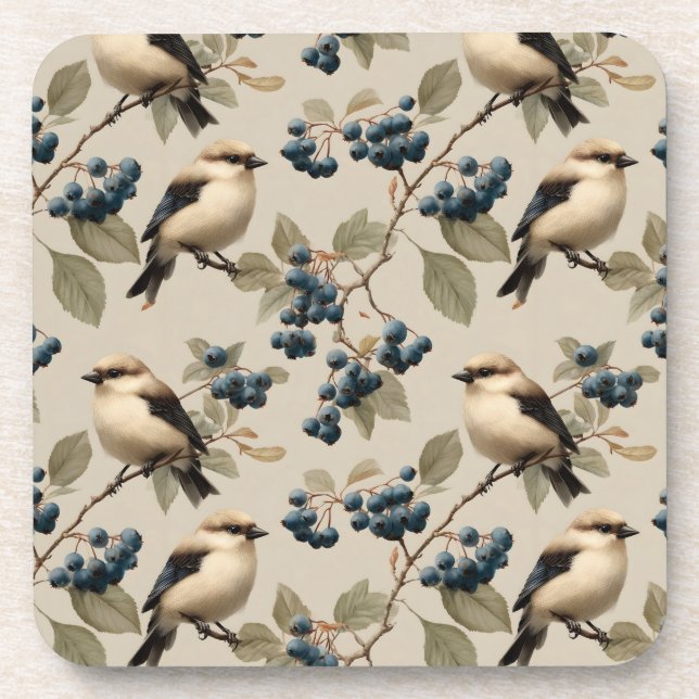 Vintage Bird and Blueberry Seamless Pattern Coaster (Front)