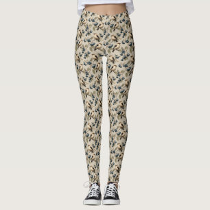 Vintage Bird and Blueberry Seamless Pattern Leggings