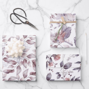 Vintage Bird and Dusty Mauve, Purple, Pink Leaves Wrapping Paper Sheet
