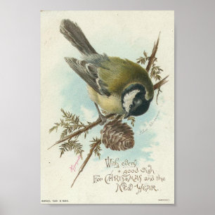 Vintage Bird and Pinecone, Christmas Poster