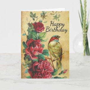 Vintage Bird and Roses Happy Birthday Card