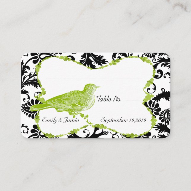 Vintage Bird Apple Green & Black Damask Place Card (Front)