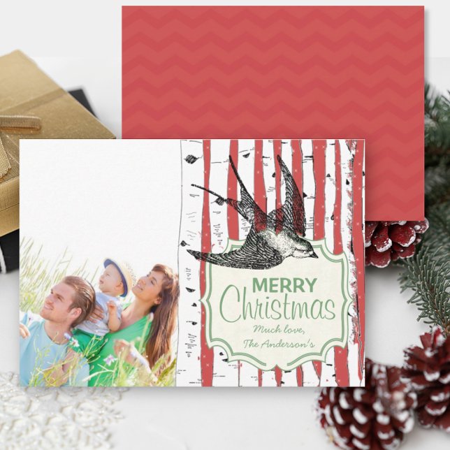 Vintage Bird Birch Tree Photo Christmas Card (Creator Uploaded)
