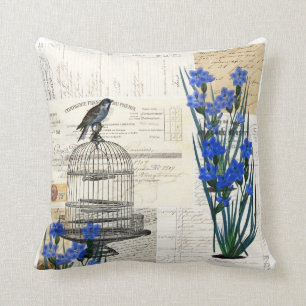 Vintage Bird Birdcage Blue Flowers French Pillow