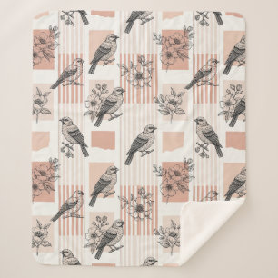 Vintage Bird Blossom Toile Stripe (11) Sherpa Blanket