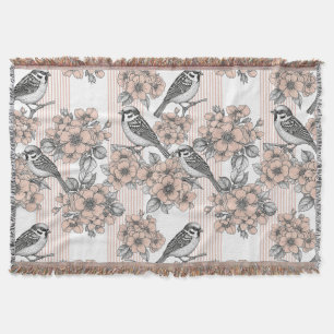 Vintage Bird Blossom Toile Stripe (1) Throw Blanket