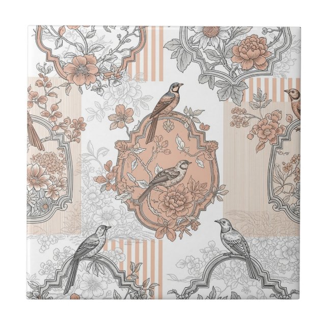 Vintage Bird Blossom Toile Stripe (2) Ceramic Tile (Front)