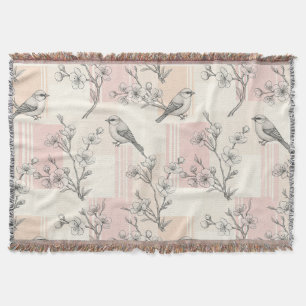 Vintage Bird Blossom Toile Stripe (2) Throw Blanket