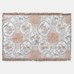 Vintage Bird Blossom Toile Stripe (3) Throw Blanket