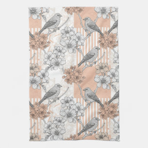Vintage Bird Blossom Toile Stripe (5) Tea Towel
