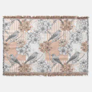 Vintage Bird Blossom Toile Stripe (5) Throw Blanket