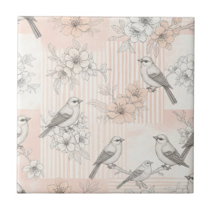 Vintage Bird Blossom Toile Stripe (6) Ceramic Tile