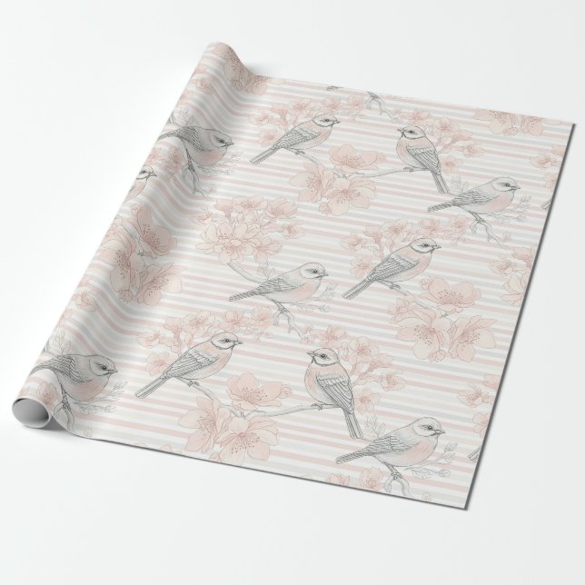 Vintage Bird Blossom Toile Stripe (7) Wrapping Paper (Unrolled)