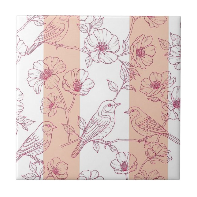 Vintage Bird Blossom Toile Stripe (9) Ceramic Tile (Front)
