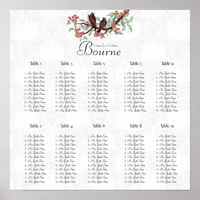 Vintage Bird Burgundy Pink Seating Chart 12 Tables (Front)