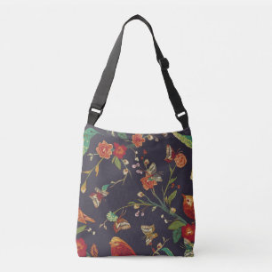 Vintage Bird, Butterfly, Embroidery Watercolor. Crossbody Bag