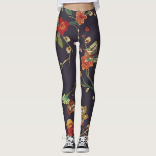 Vintage Bird, Butterfly, Embroidery Watercolor. Leggings