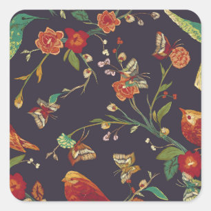 Vintage Bird, Butterfly, Embroidery Watercolor. Square Sticker