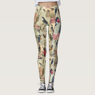 Vintage Bird Butterfly Newspaper Botanical Leggings