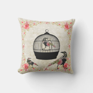 Vintage Bird Cage and Floral Rose Throw Pillow