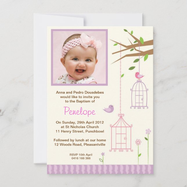 Vintage Bird Cage Christening Invitations (Front)