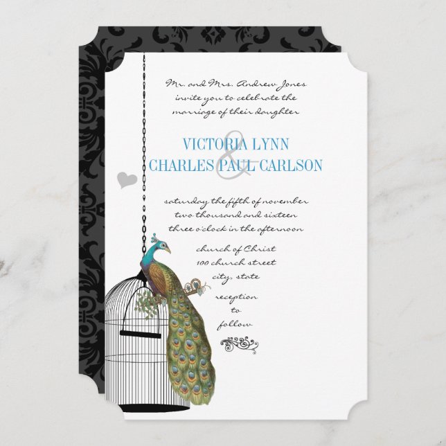Vintage Bird Cage Peacock Wedding Invitations (Front/Back)
