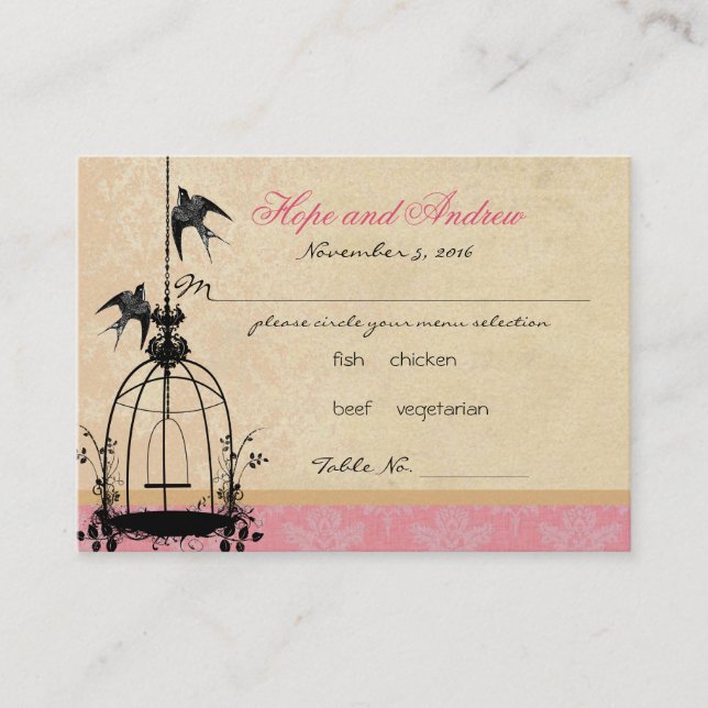 Vintage Bird Cage Place Card with Menu Selection (Front)