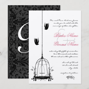 Vintage Bird Cage Red Accents Damask Wedding Invitation